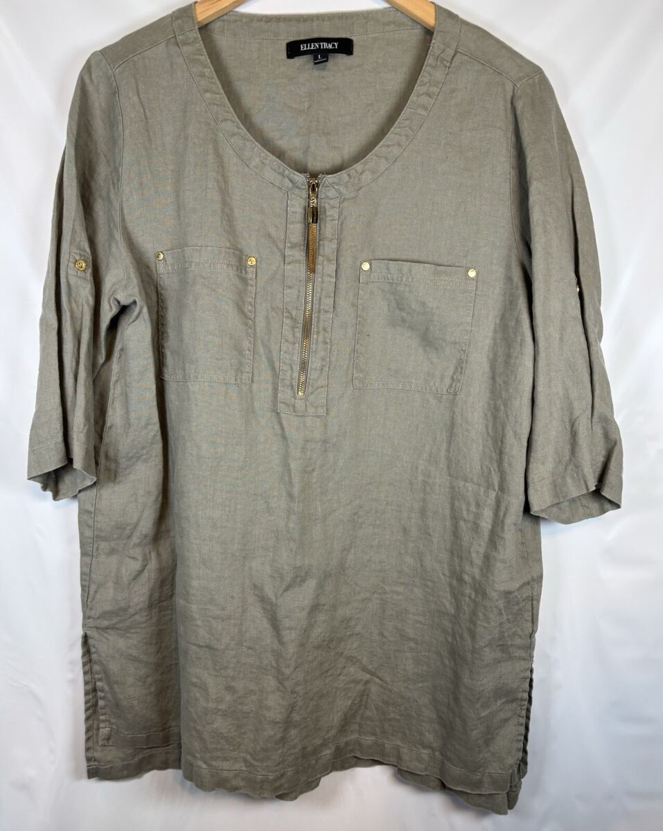 Ellen Tracy Green 100% Linen Zipper Detail Rolled Tab Ellen Tracy Green 100% Linen Zipper Detail Rolled Tab