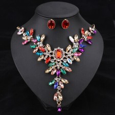 Women Party Gold Color Crystal Necklace Earrings Wedding Accessories Jewelry Set