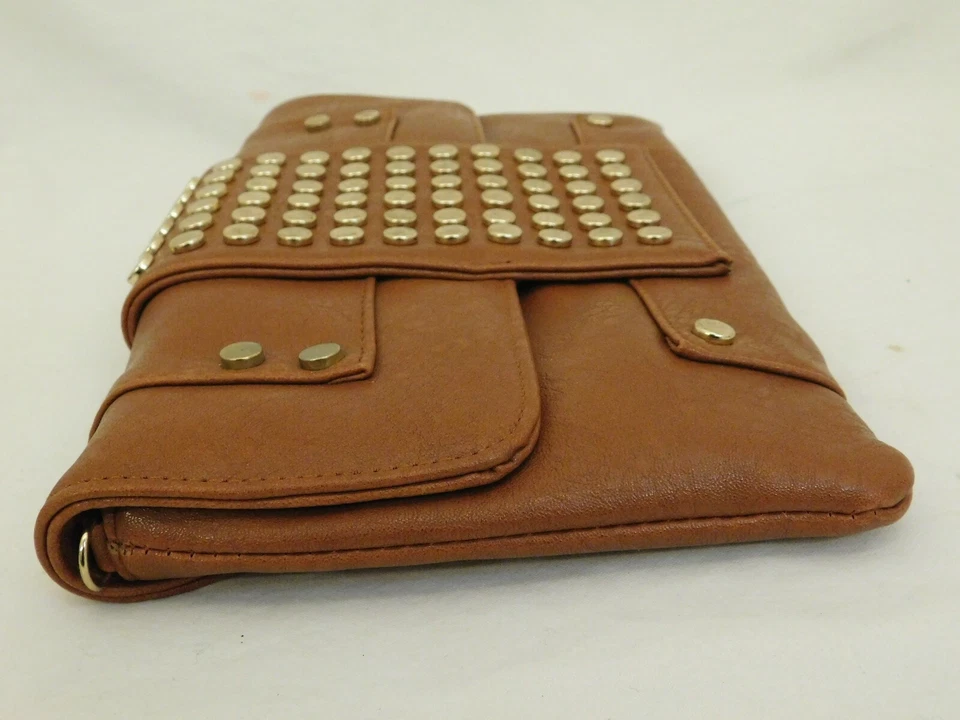 NILA ANTHONY BROWN LEATHER GOLD STUDS CLUTCH PURSE HANDBAG DETACHABLE STRAP - Image 4 of 4