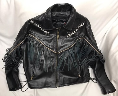 Vintage Womens Leather Coat Jacket Beaded Tribal Size Large