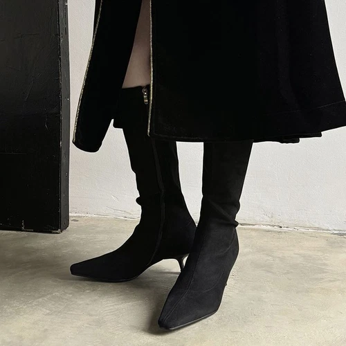 Womens Suede Square Toe Kitten Heel Stretched Knee Length Boots Chic Shoes - Bild 2 von 17