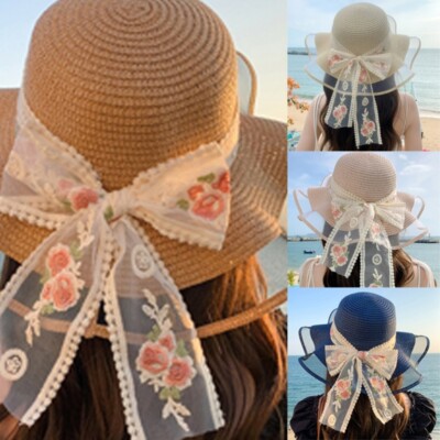 Ribbon Straw Hat Breathable Embroidered Flower Wide Brimmed Hat Holiday Wear