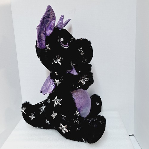 Juguete de peluche KellyToy Dragon Unicornio negro púrpura brillante estrellas plateadas 15" - Imagen 4 de 5