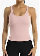 Small ATTRACO Women Ribbed Workout Crop Tops with Built in Bra Yoga Tank Top