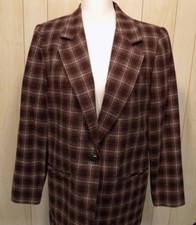 Sag Harbor Women's Career Blazer Jacket Size 8 Wool Blend Lined Plaid Burgundy