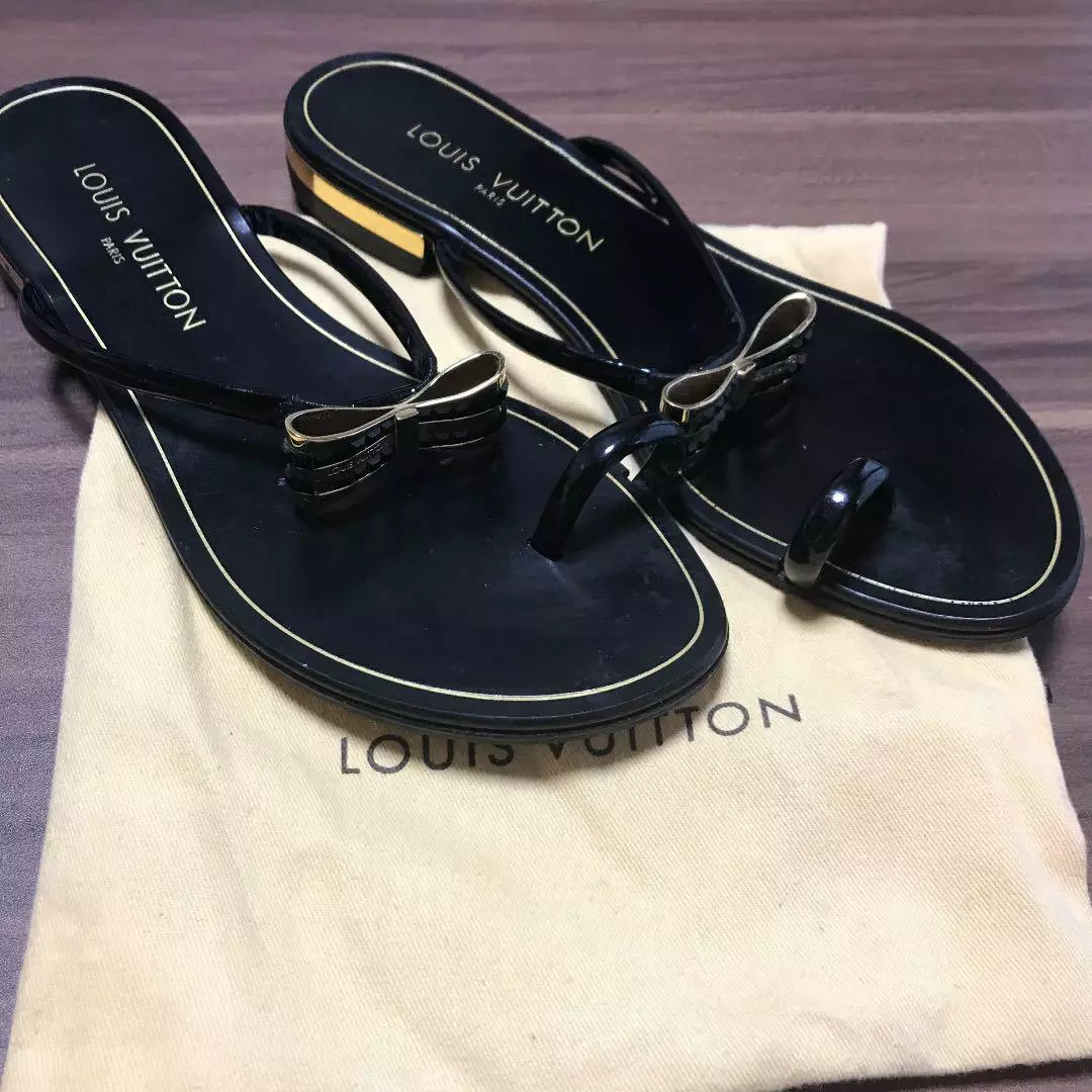 Authentic Louis Vuitton Bow Patent Leather Flip Flop Sandals Black EUR 37  Used