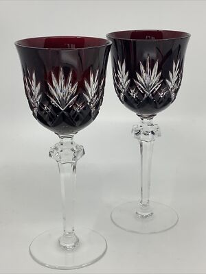 Set of 2 Vintage Crystal 6.5  Ruby Red Cut To Clear Hock Wine Sherry Glasses