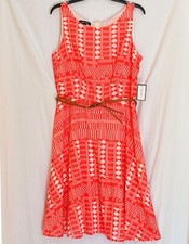 Nine West 14 Fireglow-Combo Sundress Sleeveless Dress A-Line Belted Lined NWT