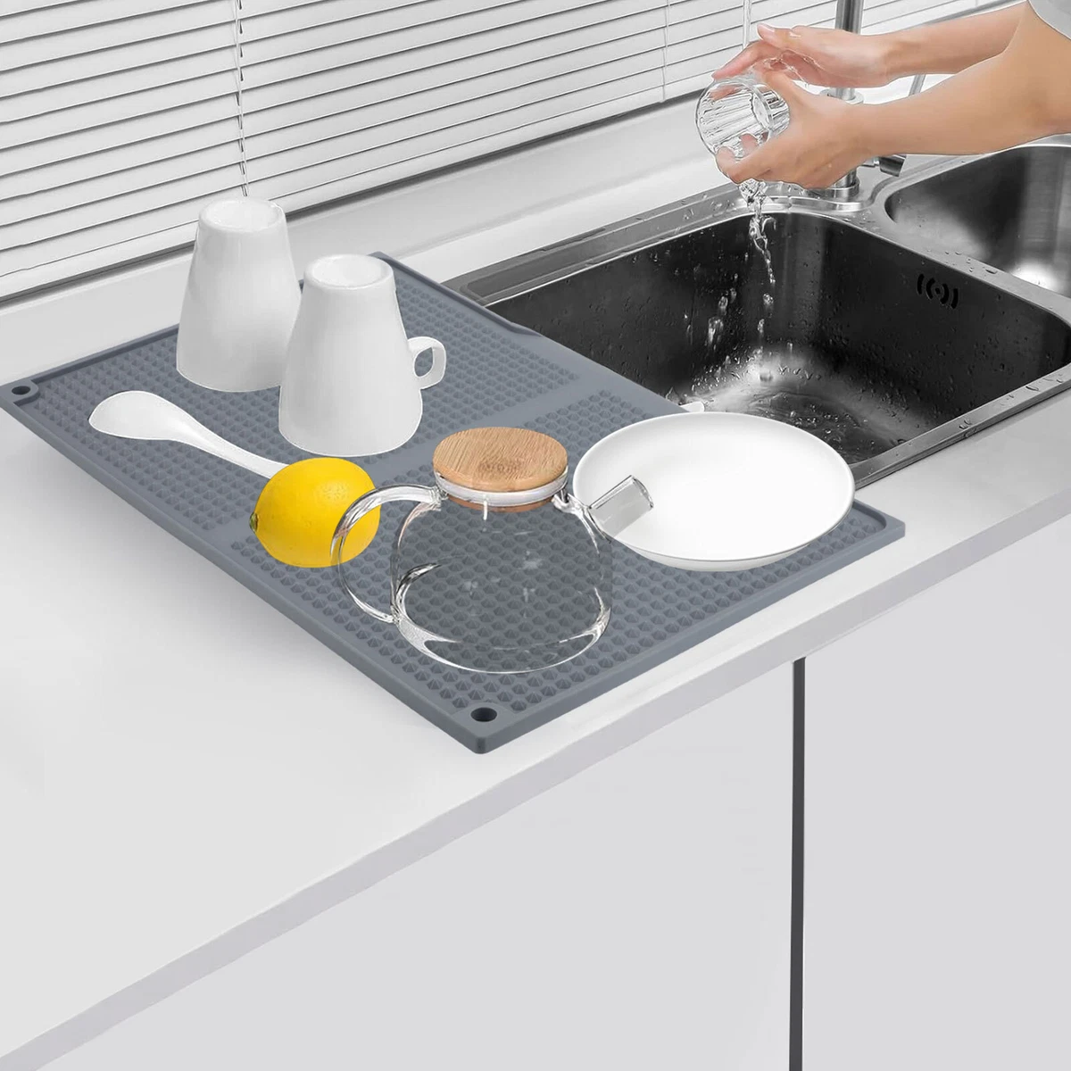 Bandeja Secado Utensilios Alfombrilla Drenaje Silicona 39x25 Cm - Para Platos, Antideslizante, Gris - Escurridor Cocina Alfombrilla Antideslizante Cocina