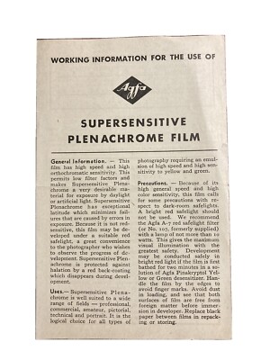 Working Information Agfa Supersensitive Plenachrome Film Vintage Brochure