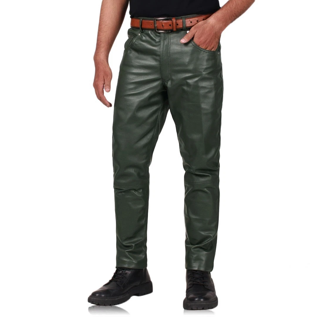 Men's Green Leather Pant 100% Genuine Lambskin Leather Slim Fit Causal Pant