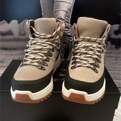 SWMS Men's Beige Black Leather Hiking Ankle Boots Lace-Up Rubber Sole US 7