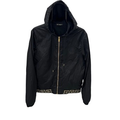 Versace Black Hooded Windbreaker Jacket Gold Greek Key Greca Zip Men Size 46 S