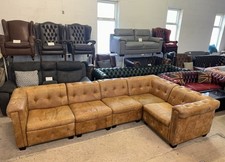 Chesterfield Tan Real Leather L Shape Corner Sofa In 5 Sections