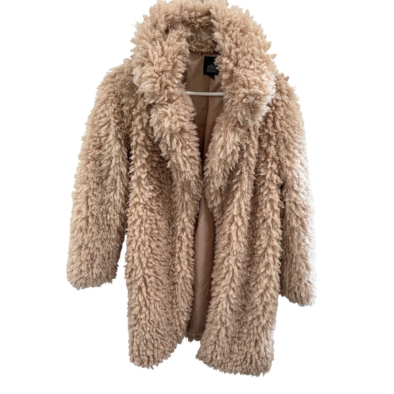 Wild Fable Tan Beige Faux Fur Teddy Coat Shaggy Mid Length Jacket Small
