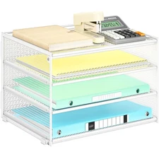 3-Tier Letter Tray Desk Paper Organizer – White Mesh Metal File Tray Organize...
