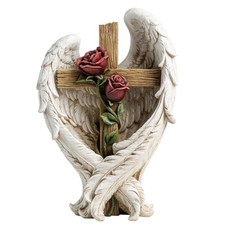 12" Angel Wings Embracing Cross and Rose Garden Statue Memorial Statue for Be...