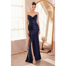 Amoris T704 Lianna Satin Maxi Dress Womens XS Navy Strapless Slit Formal Glam