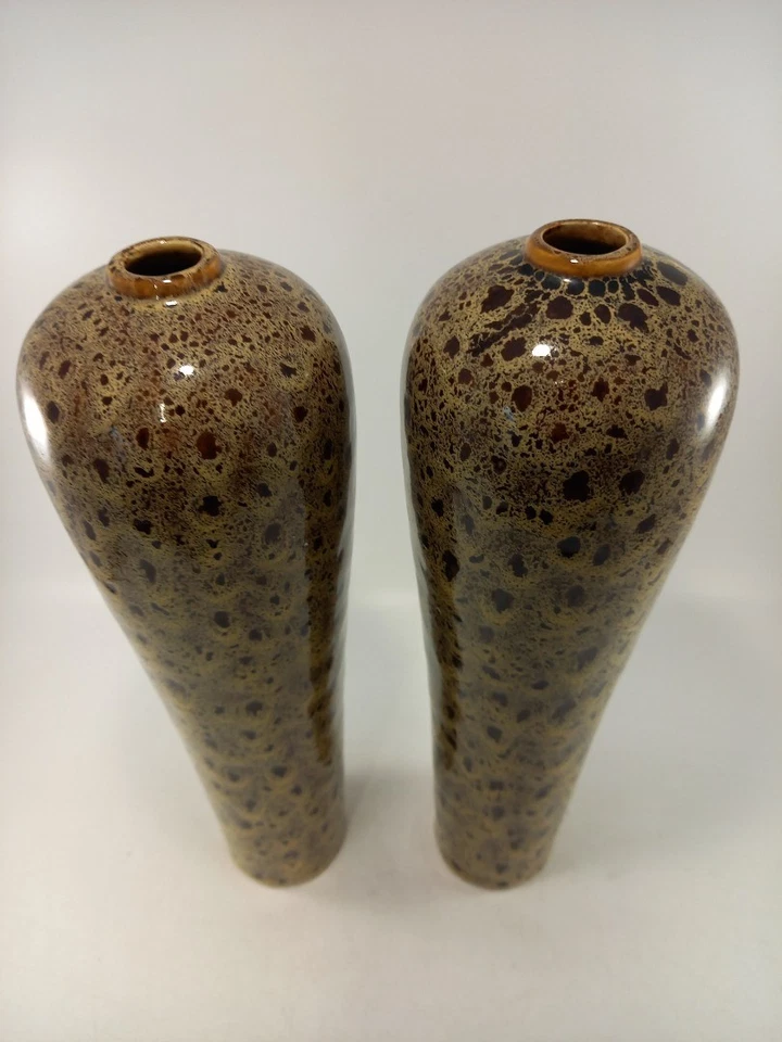 Studio Pottery Vases Brown Beige Speckled Set of 2 Vintage 12.5" Tall Ex Con  - Image 3 of 4