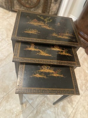 1950s Mid-Century Black Lacquer Chinoiserie Nesting Tables - Set