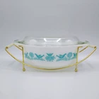 Vintage Pyrex Bluebird 1-1/2 Qt Oval 043 Casserole with 943C Lid & Brass Cradle