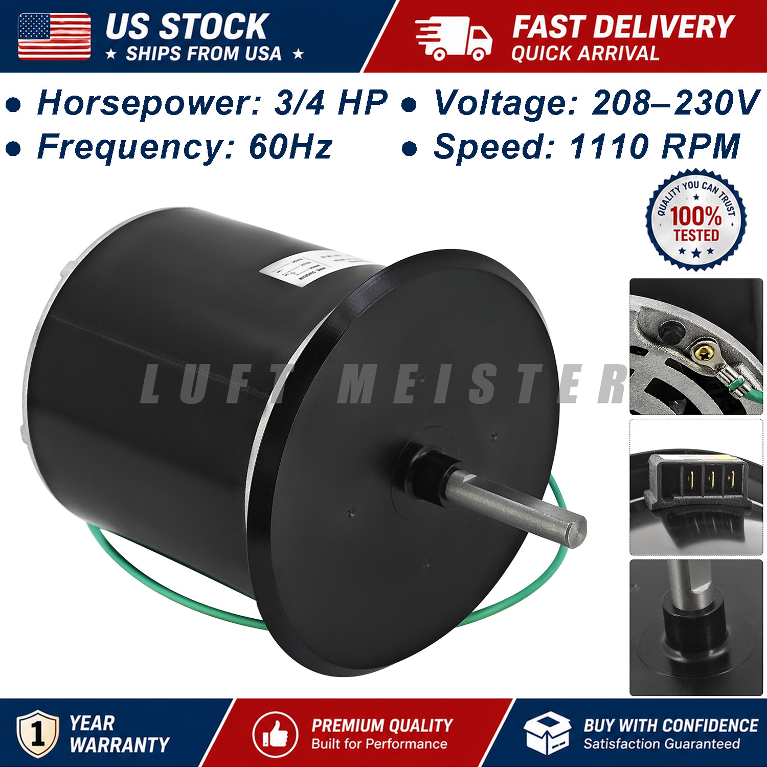 Condenser Fan Motor 3/4HP 1110RPM 208–230V 60Hz For A.O. Smith AC Unit F48T73A50