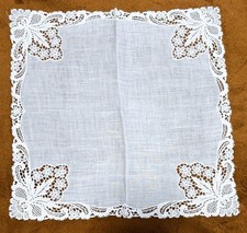 VTG ladies handkerchief white linen open lace border  4 corners 10  sq