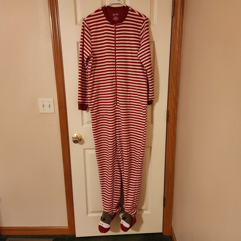 Nick & Nora Sock Monkey Pajamas One Piece Red White Striped Womens Size M Footie