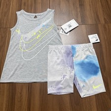 Nike Girls 2-Piece Outfit Tank Top and Biker Shorts Set Size 5 Gray Tie Dye New
