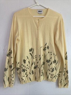 Leslie Fay Floral Cardigan Sweater Granny Cottagecore 80s Yellow Hong Kong Sz L