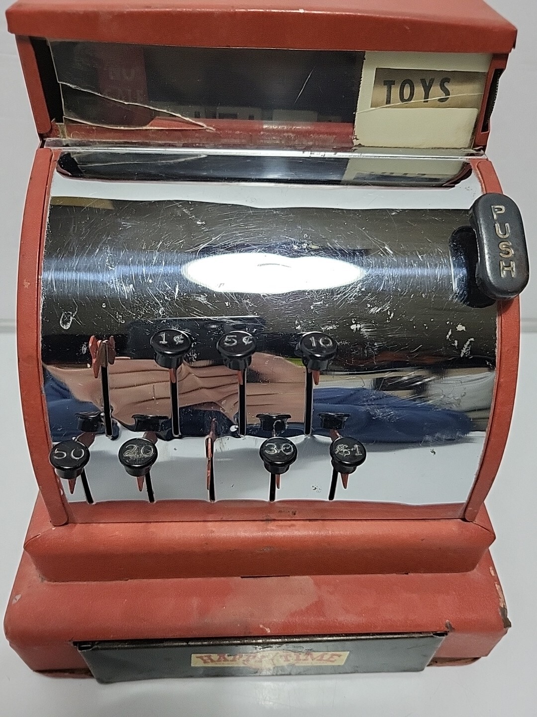 как выглядит Vintage Happi Time Metal Tin Red Toy Cash Register Works Nice Condition фото