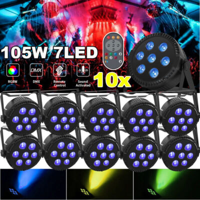 10PC Disco Lights DMX RGBW 7LED Par Light Strobe Stage Lighting DJ Show W/Remote