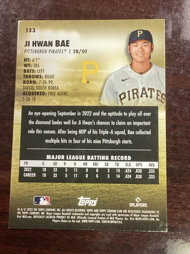 2023 Topps Stadium Club JI Hwan Bae Rookie Pittsburgh Pirates #133 - Picture 2 of 2