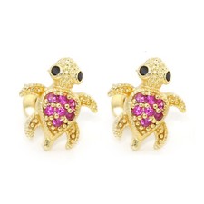 14k Yellow Gold Plated Silver Pink Cz Turtle Children Screw Back Baby Earrings