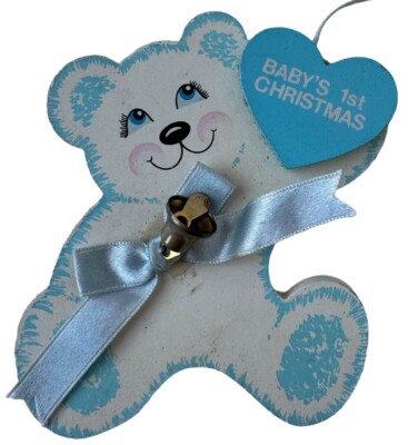 Kurt Adler Babys First Christmas Ornament White Wood Bear Blue Heart Bowtie 1993