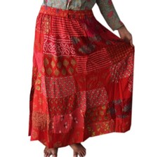 Red Vintage Indian Rayon Patchwork Hippy Gypsy Boho Maxi Women Long Skirts