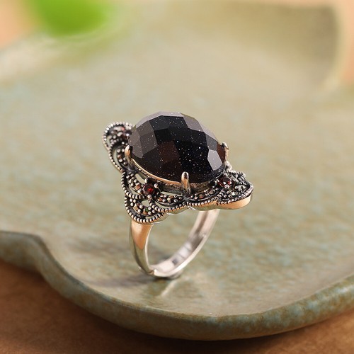 I03 Anello Sfaccettato Avventurina e Marcasite Argento 925 Misura Regolabile - Foto 5 di 6