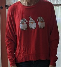 Women's Christmas Top With Sequin Santa Gnomes Medium Red Cynthia Rowley