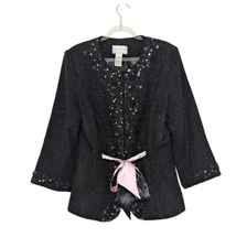 Victor Costa Occasion Jacket Womens Size Small Black Beaded Sequins Belted