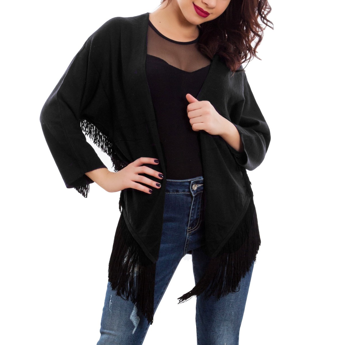 Women's Cardigan Shawl Fringe Jacket Sweater Open Front New XD