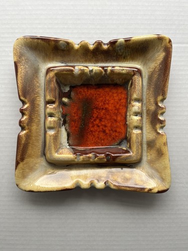 Vintage Mid Century Pottery Ashtray Brown Orange cream glazed Square USA