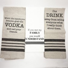 Set of 3 Funny Kitchen Tea Towels Farmhouse Grain Sac Stripe Vodka Family Quotes