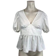 TOPSHOP White Puff Sleeve Peplum V Neck Button Back Blouse Top US 6 UK 10
