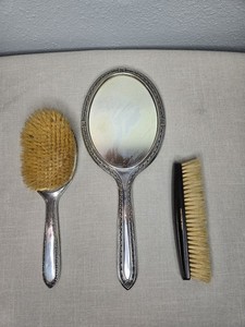 International Sterling Hand Held Vanity Mirror and Brush And Ebony Clothes Brush