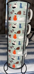 NEW 4 Kitty Cat Meow Tabby Siamese Ceramic Coffee Mug Tiered Tower