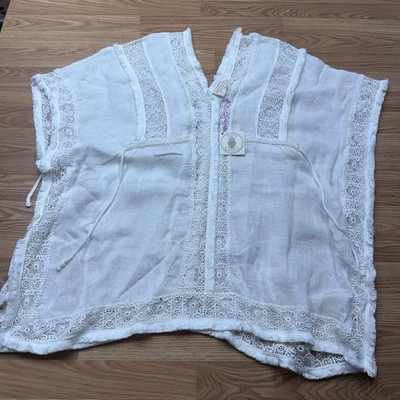 Muche Et Muchette Poncho Womens One Size White Linen Lace Kimono Boho Cover Up