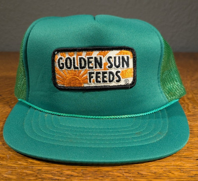 Vintage Golden Sun Feeds Mesh Trucker Hat RARE Green Golden Sun Patch Cap NEW
