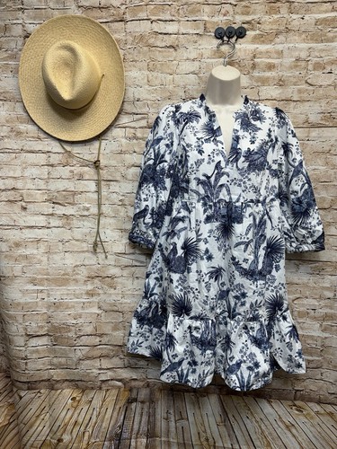 Tyler Boe Blue and White Botanical and Birds and Leopard Print Ruffle Dress M
