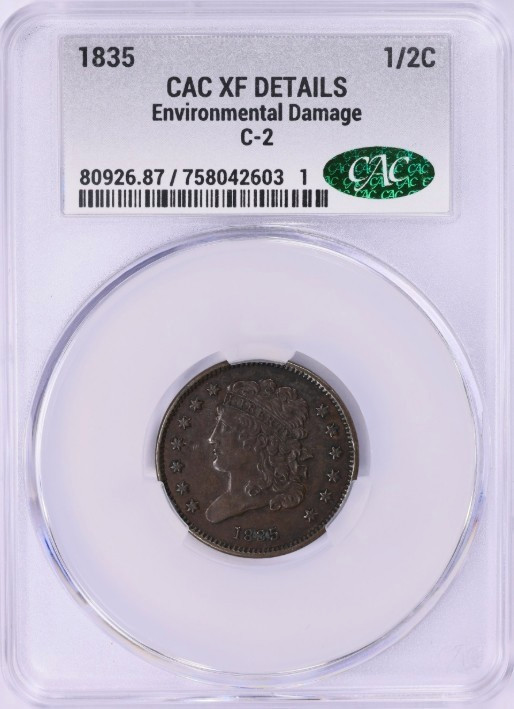 Very Nice (CACG Pop of Only 1) 1835 Classic Half Cent Cohen 2 CACG XF Details