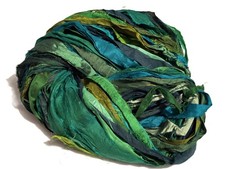 100 g Recycled Sari Silk Ribbon Yarn Green Multi